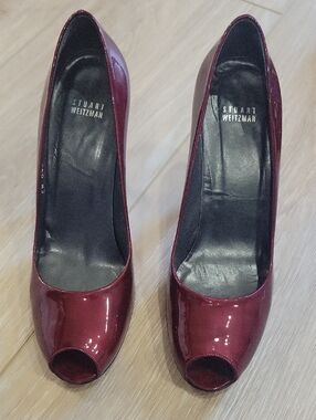 Stuart Weitzman Burgundy Patent Peep-Toe Pumps